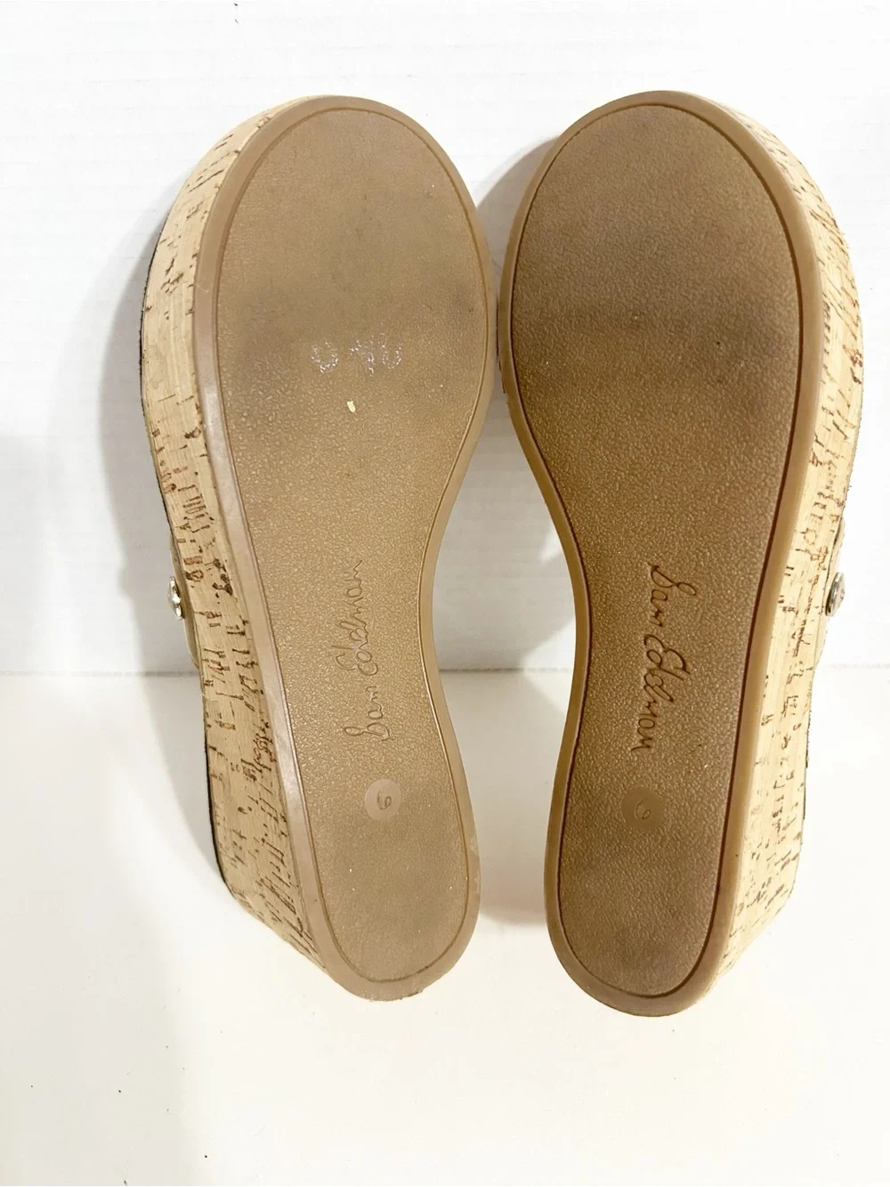 Sam Edelman Romy FF Patent Cork Wedge Thong Sandals – Nude Beige – Size 6M / 36